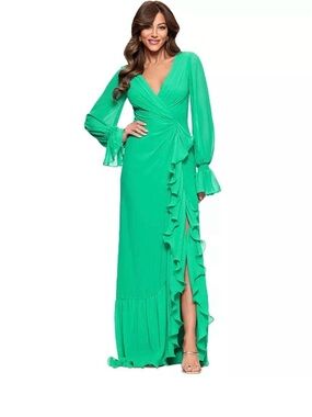 XSCAPE Green Ruffle Maxi Dress Size 8 NWT Long Sleeve Formal Gown